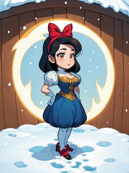 (masterpiece, best quality:1.15), 1girl, solo, fairyland, (snow white:1.1), from disney's snow white and the seven dwarfs, medium breasts, blue and white, black hair, yellow and blue dress, brown eyes, red hairband, bow, puffy sleeves