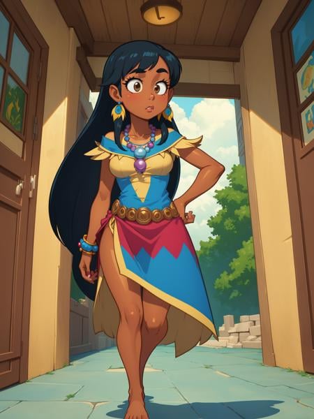 (masterpiece, best quality:1.15), 1girl, solo, fairyland, (pocahontas:1.1), from disney's pocahontas, tan and brown, black hair, long hair, medium breasts, tan skin, native american, tan fringed dress, blue necklace, barefoot, brown eyes