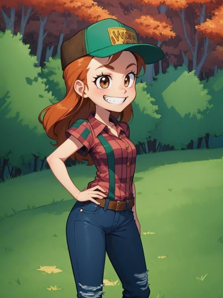 (masterpiece, best quality:1.15), 1girl, solo, fairyland, (wendy corduroy:1.1), from gravity falls, forest and mystery, casual flannel shirt, jeans with patches, long auburn hair, friendly smile, brown eyes, trucker hat, relaxed pose, adventurous spirit