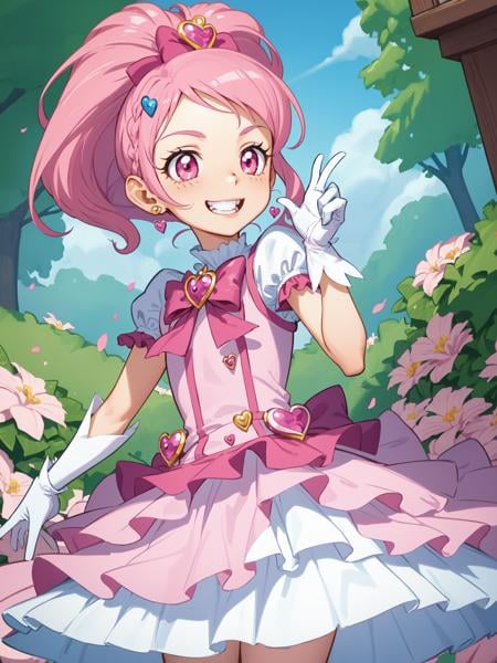 (masterpiece, best quality:1.15), 1girl, solo, fairyland, (cure blossom:1.1), from pretty cure, pink and white, long pink hair, frilly pink dress, white gloves, pink eyes, heart-shaped hairpins, confident smile, dynamic pose