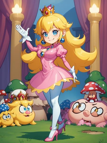 (masterpiece, best quality:1.15), 1girl, solo, fairyland, (princess peach:1.1), from the mario franchise, pink and gold, long blonde hair, large breasts, pink dress with puffy sleeves, white gloves, pink high heels, blue eyes, gold crown, royal demeanor, standing in the mushroom kingdom, waving with a warm smile, hopeful and kind expression