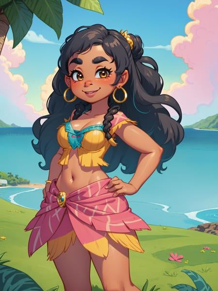 (masterpiece, best quality:1.15), 1girl, solo, fairyland, (moana:1.1), from disney's moana, teal and gold, black hair, dark-skinned, medium breasts, pink crop top, grass skirt, curly hair, long hair, thick eyebrows, islander, brown eyes