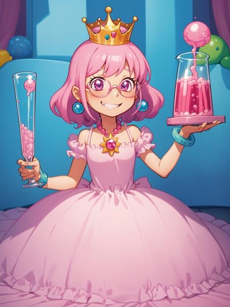 (masterpiece, best quality:1.15), 1girl, solo, fairyland, (princess bubblegum:1.1), from adventure time, pastel pink, long bubblegum pink hair, flowing pink gown, tiara with a gem, science lab, holding a beaker, confident smile, intelligent gaze, bubblegum crown, round glasses