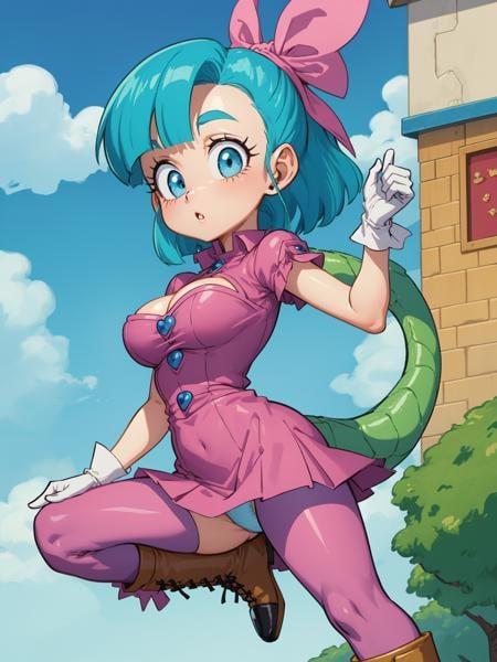 (masterpiece, best quality:1.15), 1girl, solo, fairyland, (bulma briefs:1.1), from dragon ball z, fair skin, medium breasts, long blue hair, pink dress, blue eyes, white gloves, boots