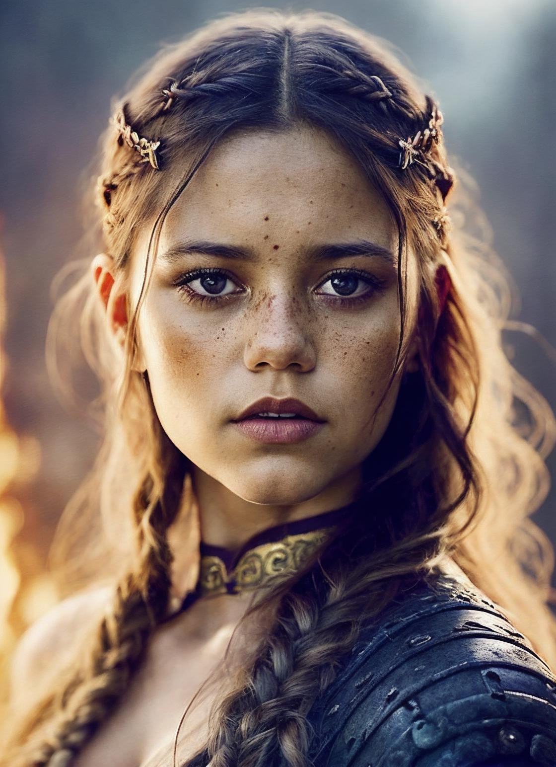 A stunning intricate full color portrait of (sks woman:1) as (viking warrior), (barbarian),  epic character composition, by ilya kuvshinov, alessio albi, nina masic, sharp focus, natural lighting, subsurface scattering, f2, 35mm, film grain, <lora:locon_jennaortega_v1_from_v1_64_32:1.25>