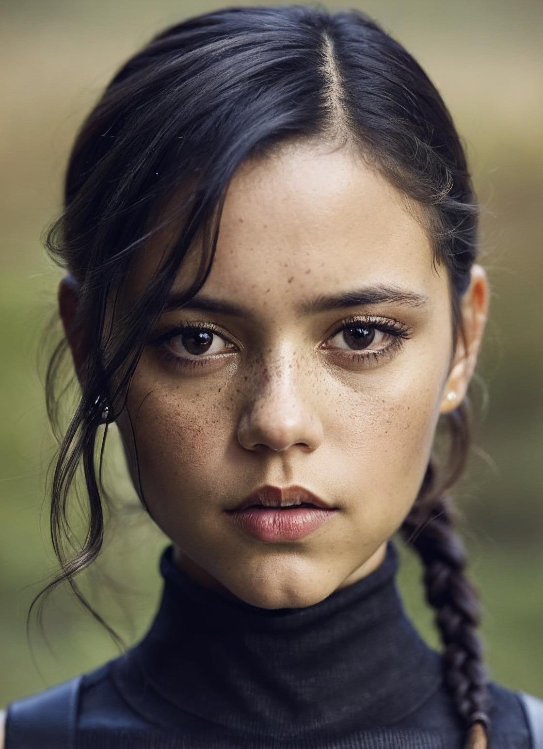 A stunning intricate full color portrait of (sks woman:1), wearing a black turtleneck, epic character composition, by ilya kuvshinov, alessio albi, nina masic, sharp focus, natural lighting, subsurface scattering, f2, 35mm, film grain, <lora:locon_jennaortega_v1_from_v1_64_32:1.25>