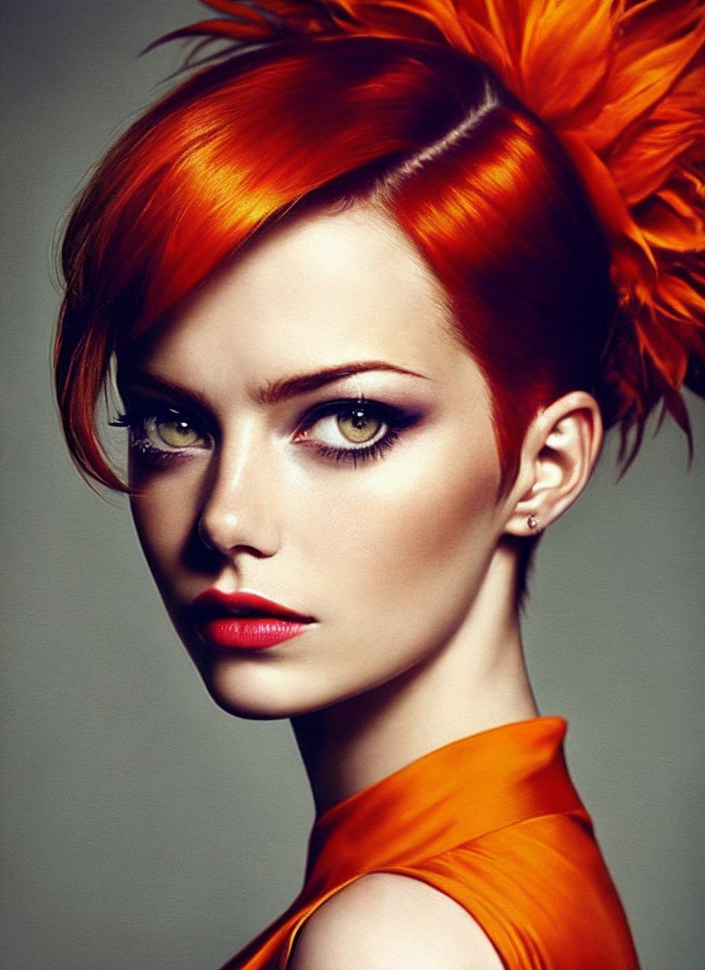 modelshoot style, portrait of sks woman by Flora Borsi, style by Flora Borsi, bold, bright colours, orange Mohawk haircut, ((Flora Borsi)), <lora:locon_emmastone_v1_from_v1_64_32:1.4>