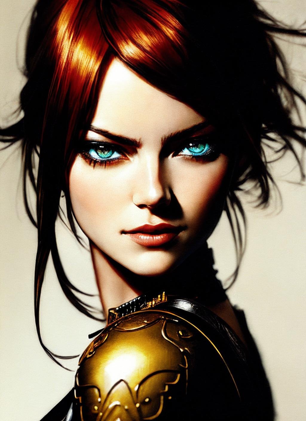 modelshoot style, illustration of sks woman as thief in leather armor, smirk, beautiful detailed eyes, cinematic, drawn by Greg Rutkowski, Yoji Shinkawa:0.6, vibrant colors, <lora:locon_emmastone_v1_from_v1_64_32:1.4>