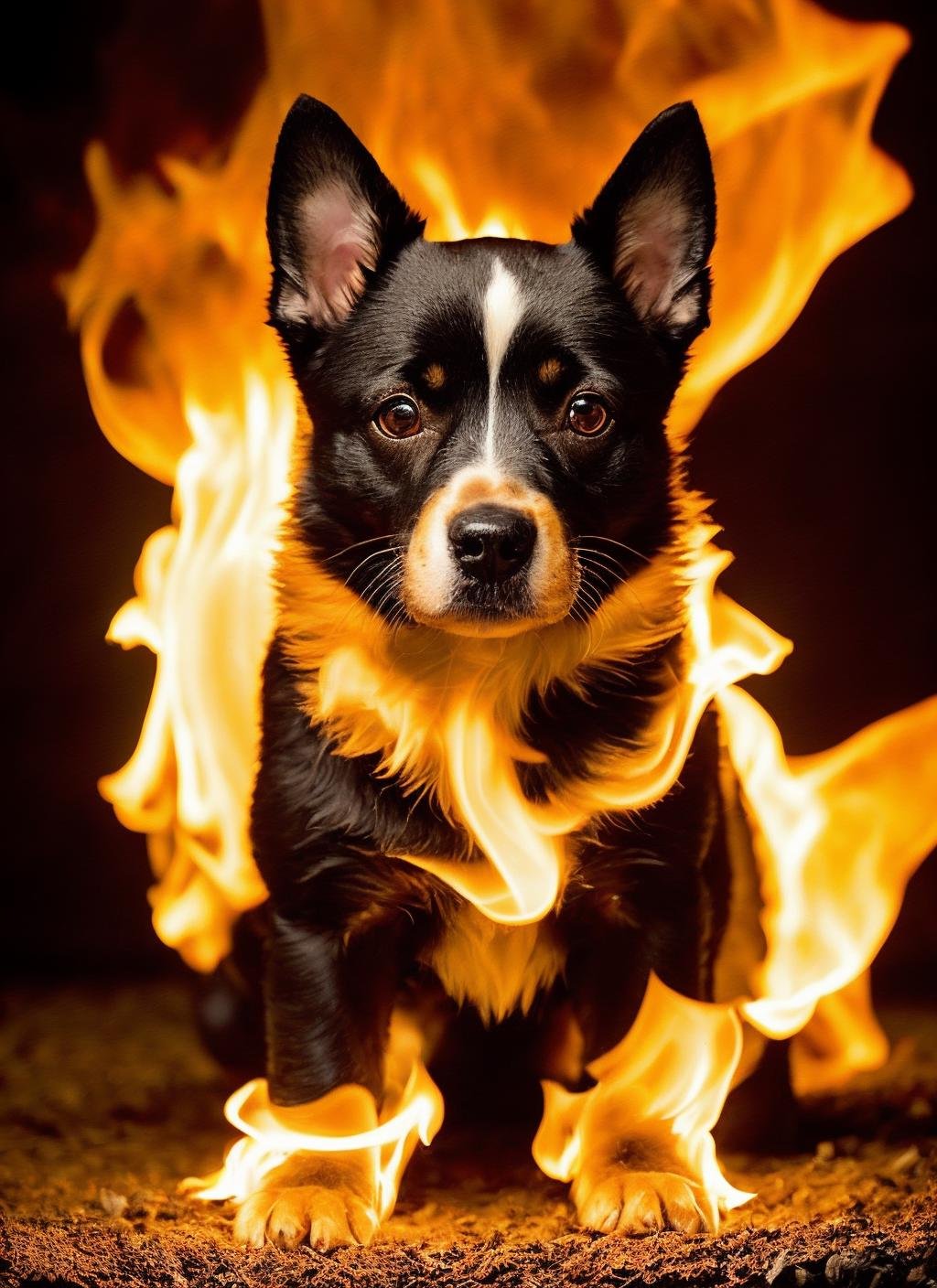 flmngprsn flames, epic fantasy cute dog burning, epic  (photo, studio lighting, hard light, sony a7, 50 mm, hyperrealistic, big depth of field, mate skin, pores, wrinkles, concept art, colors, hyperdetailed, hyperrealistic)  <lora:locon_flmngprsn_v1_from_v1_64_32:0.7>