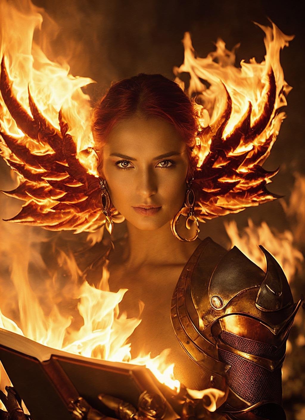 flmngprsn flames, epic fantasy book burning, epic  (photo, studio lighting, hard light, sony a7, 50 mm, hyperrealistic, big depth of field, mate skin, pores, wrinkles, concept art, colors, hyperdetailed, hyperrealistic)  <lora:locon_flmngprsn_v1_from_v1_64_32:0.7>