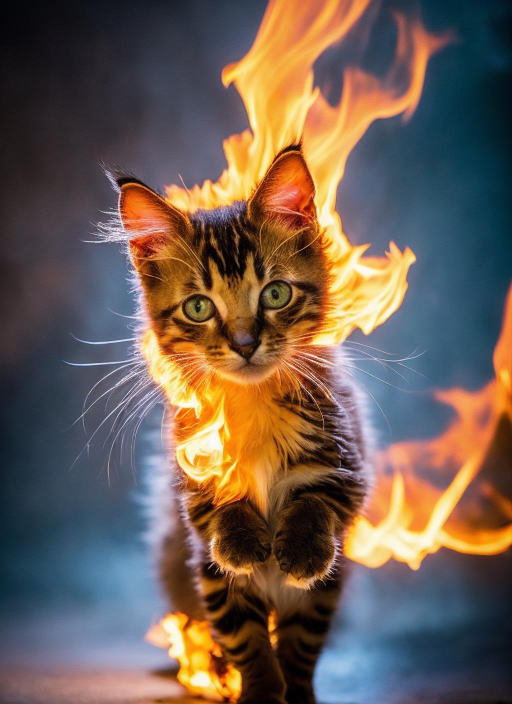 flmngprsn flames, epic fantasycute kitten burning, epic  (photo, studio lighting, hard light, sony a7, 50 mm, hyperrealistic, big depth of field, mate skin, pores, wrinkles, concept art, colors, hyperdetailed, hyperrealistic)  <lora:locon_flmngprsn_v1_from_v1_64_32:0.7>