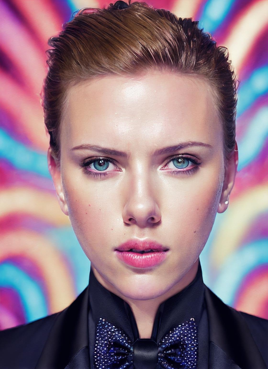 portrait of sks woman in tuxedo, (perfect eyes), energetic and colorful streams of light (photo, studio lighting, hard light, sony a7, 50 mm, matte skin, pores, concept art, colors, hyperdetailed), with professional color grading, soft shadows, bright colors, daylight, <lora:locon_scarlett_v1_from_v2_64_32:1.3>