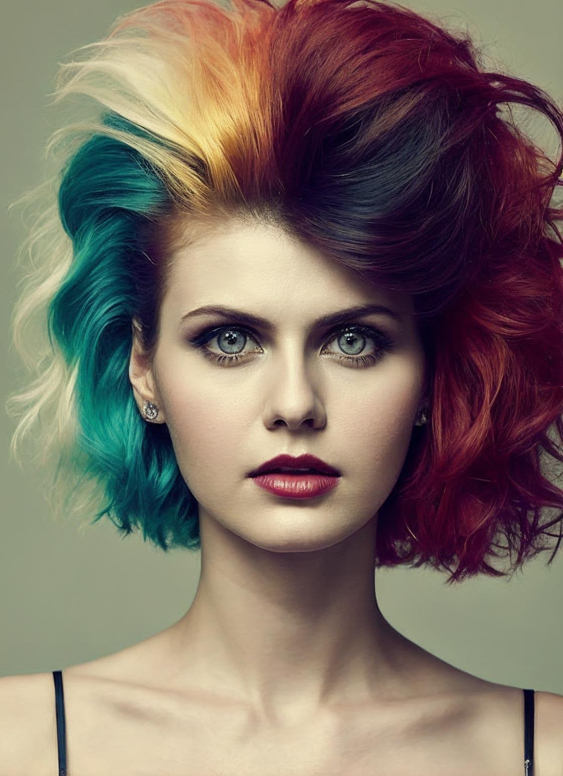 portrait of sks woman by Flora Borsi, style by Flora Borsi, bold, bright colours, rainbow Mohawk haircut, ((Flora Borsi)), <lora:locon_alexandra_v2_from_v2_64_32:1.25>