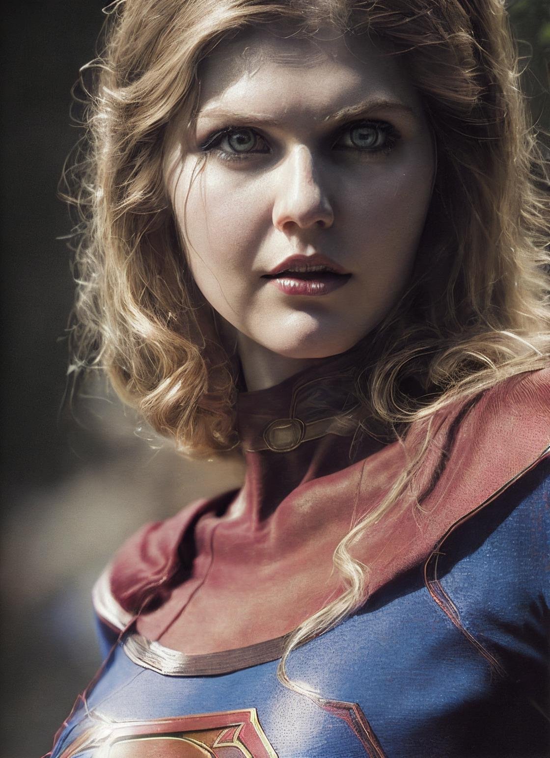 supergirl costume, a photo of sks woman, ((detailed face)), ((canon m50)), ((award winning)), (High Detail), Sharp, 8k, Cinematic lighting, soft lighting, greg rutkowski, trending on artstation, intricate, gothic clothing, victoria secret,, <lora:locon_alexandra_v2_from_v2_64_32:1.25>