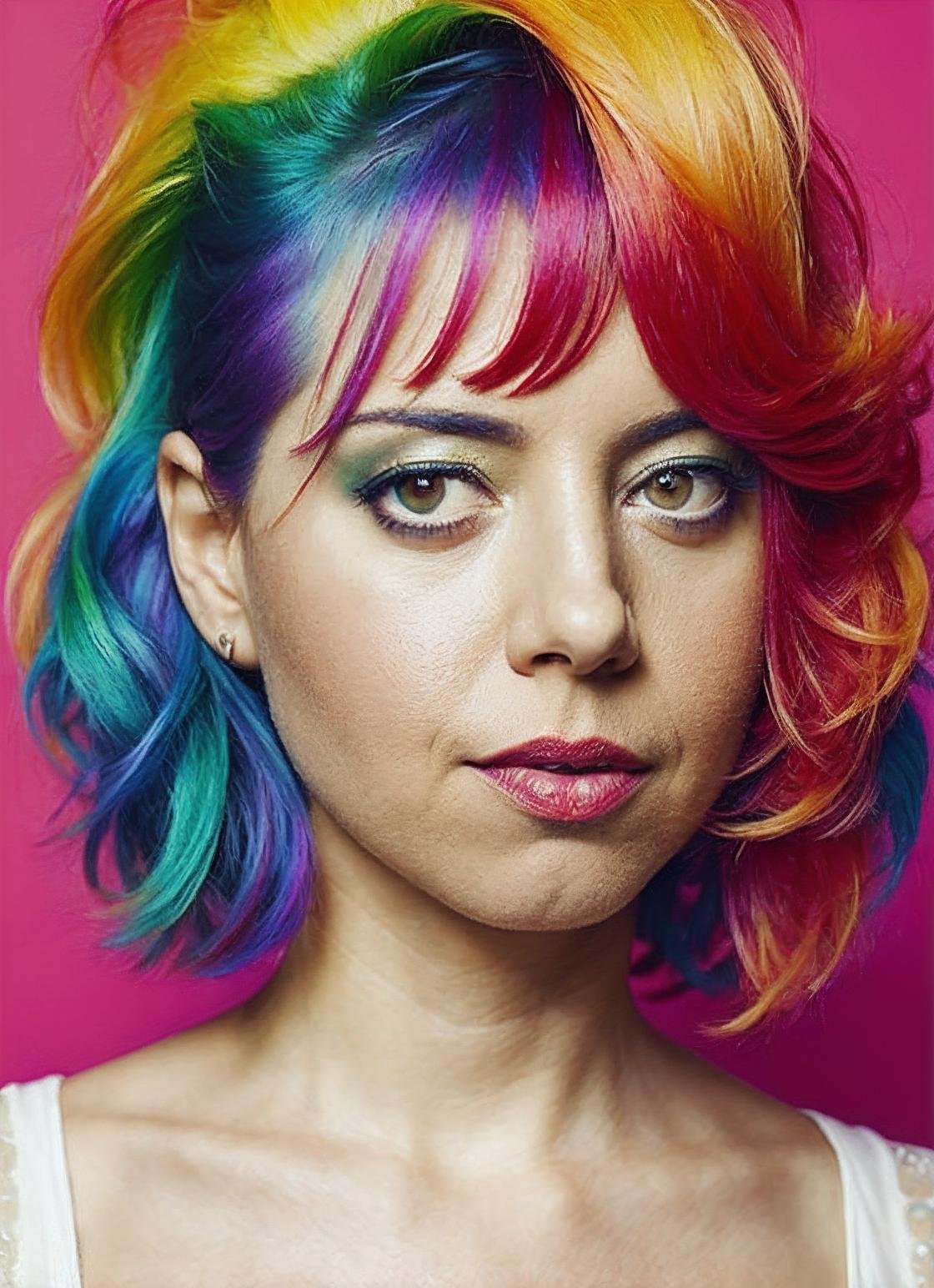 portrait of sks woman by Flora Borsi, style by Flora Borsi, bold, bright colours, rainbow Mohawk haircut, ((Flora Borsi)), <lora:locon_aubrey_v1_from_v1_64_32:1.25>