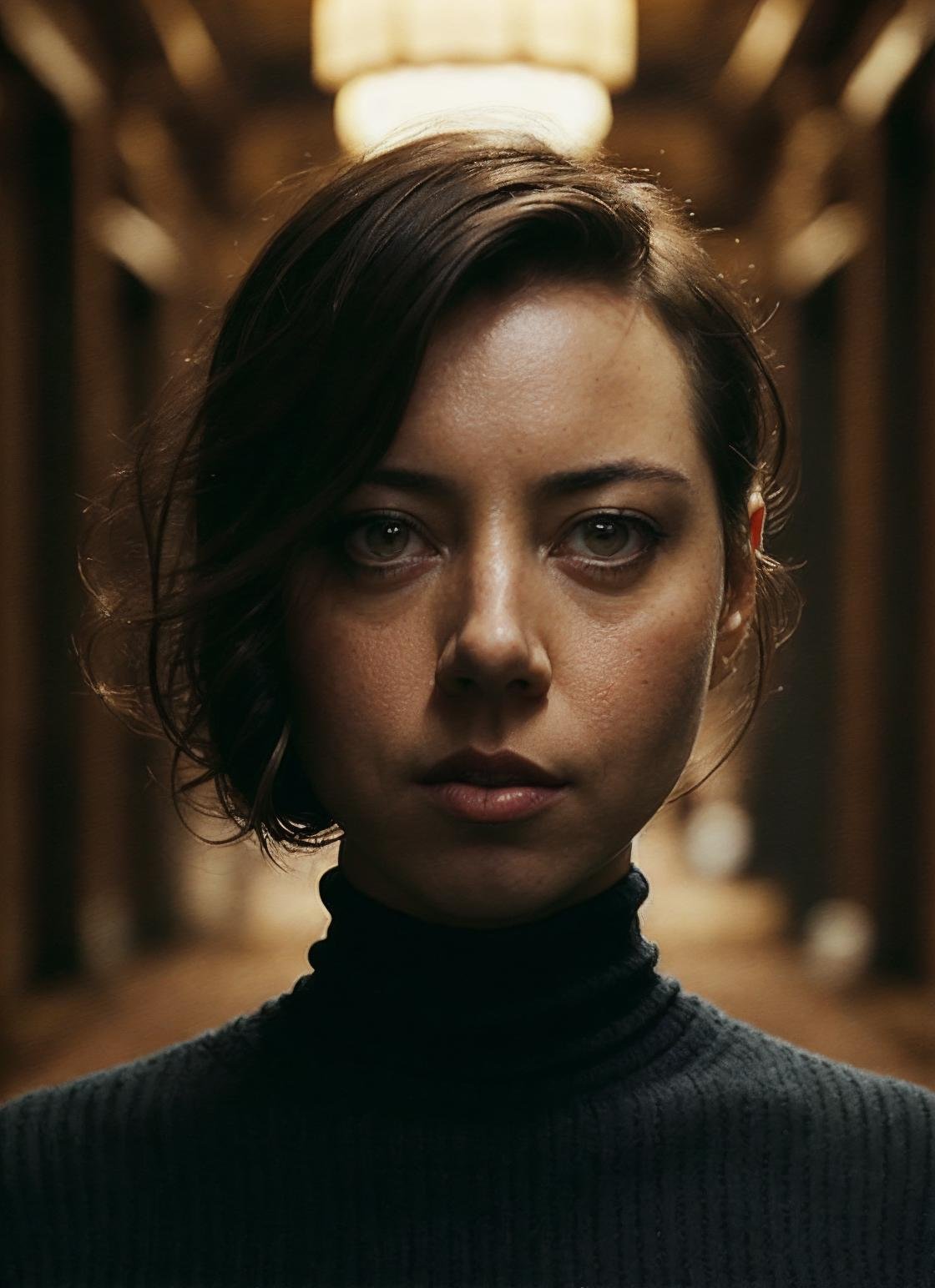 A stunning intricate full color portrait of (sks woman:1), wearing a black turtleneck, epic character composition, by ilya kuvshinov, alessio albi, nina masic, sharp focus, natural lighting, subsurface scattering, f2, 35mm, film grain, <lora:locon_aubrey_v1_from_v1_64_32:1.25>
