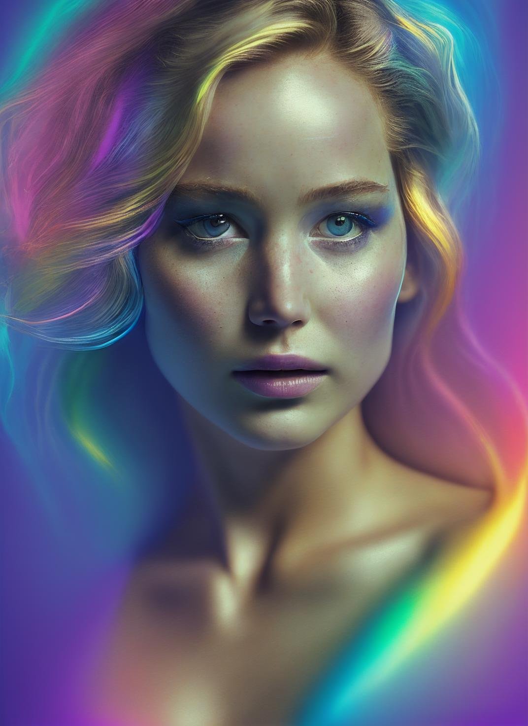 portrait of sks woman in tuxedo, (perfect eyes), energetic and colorful streams of light (photo, studio lighting, hard light, sony a7, 50 mm, matte skin, pores, concept art, colors, hyperdetailed), with professional color grading, soft shadows, bright colors, daylight, <lora:locon_jenniferlawrence_v1_from_v1_64_32:1.3>