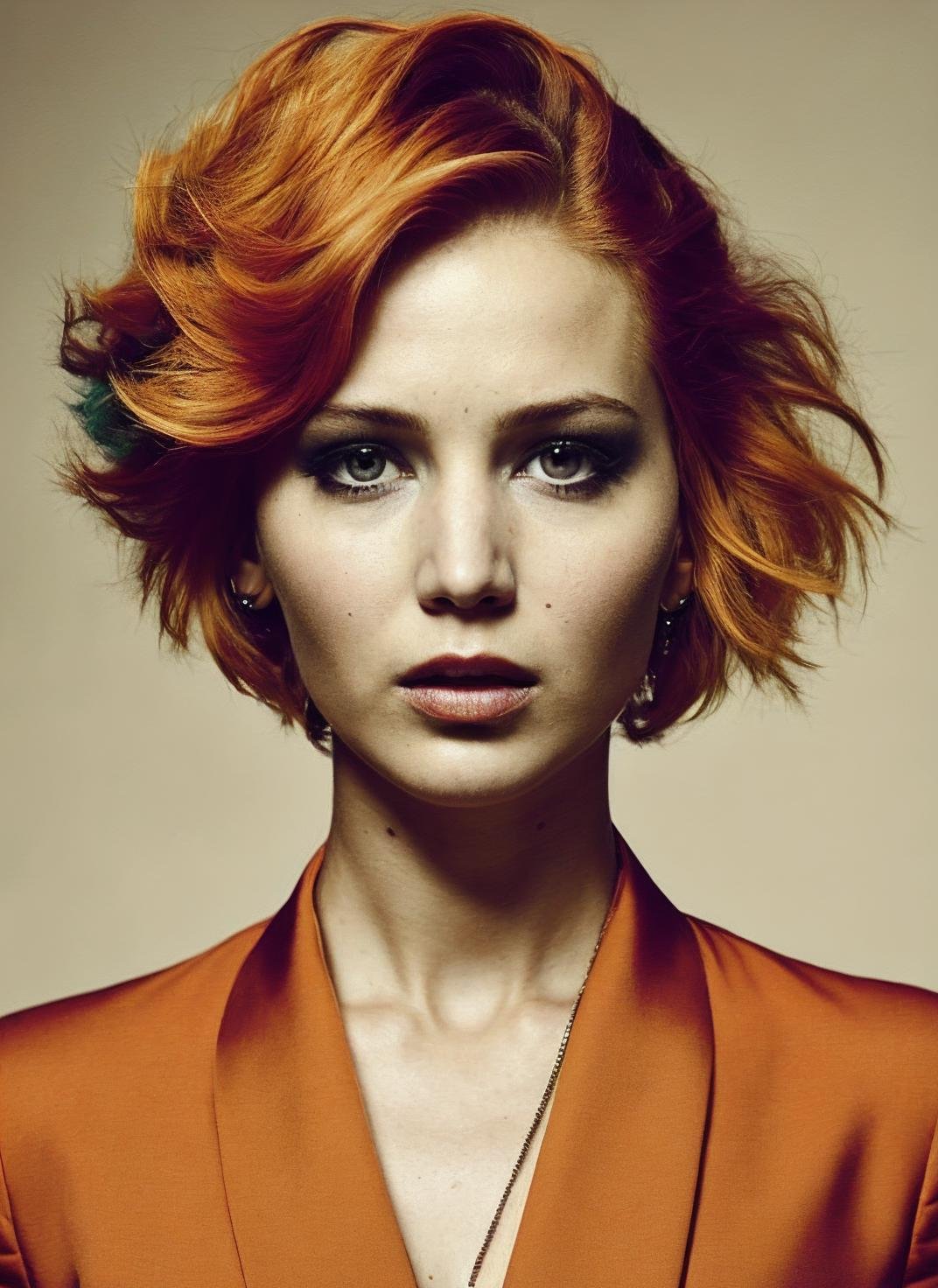 portrait of sks woman by Flora Borsi, style by Flora Borsi, bold, bright colours, orange Mohawk haircut, ((Flora Borsi)), <lora:locon_jenniferlawrence_v1_from_v1_64_32:1.3>