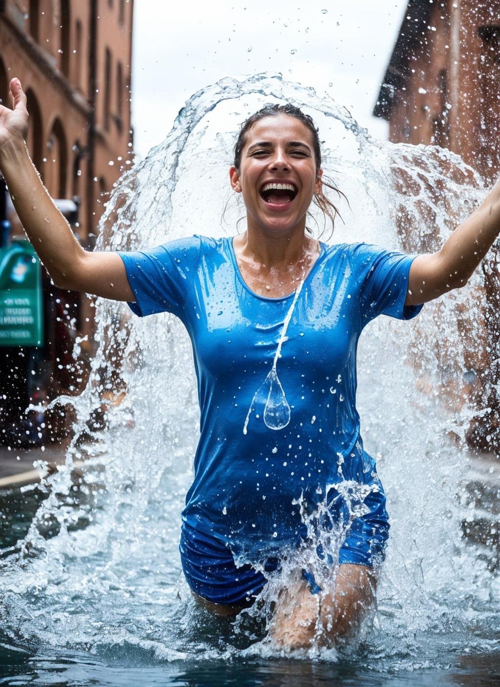 photo of a woman covered in water, water splashing on the street, dancing in the water, covered with water particles, water splashing face, flowing water, covered in water,   <lora:locon_conceptwater_v1_from_v1_64_32:0.75>water explosion, water splashes