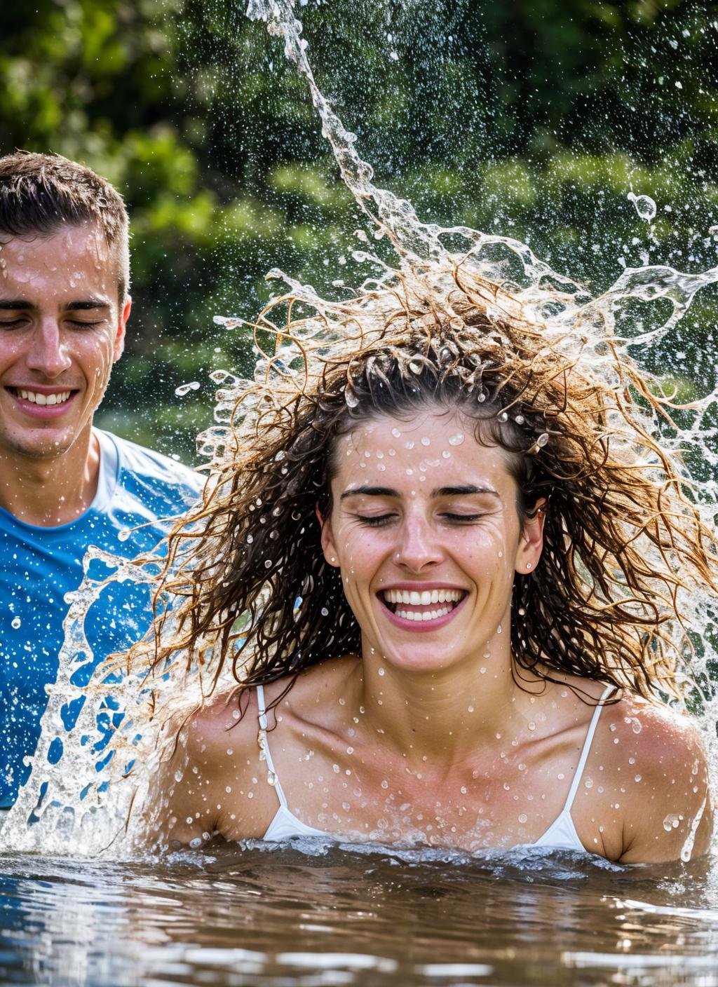 photo of a woman and a man fight using water, covered with water particles, water splashing face, flowing water, covered with water,   <lora:locon_conceptwater_v1_from_v1_64_32:0.6>, hair ends with water stream