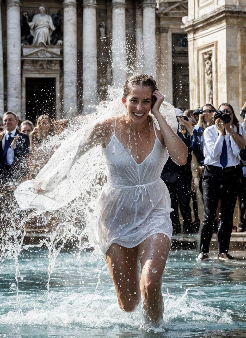 photo of a woman covered in water, running on water, water splashing on the street, dancing in the water, covered with water particles, water splashing face, flowing water, covered in water,   <lora:locon_conceptwater_v1_from_v1_64_32:0.75> , by Gerda Taro, in Rome, at the Vatican City,water explosion, water splashes