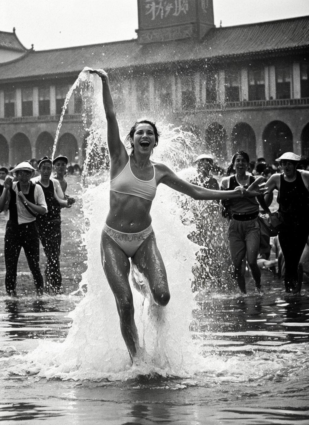 photo of a woman covered in water, running on water, water splashing on the street, dancing in the water, covered with water particles, water splashing face, flowing water, covered in water,   <lora:locon_conceptwater_v1_from_v1_64_32:0.75> , by Gerda Taro, in china, tiananmen square,water explosion, water splashes
