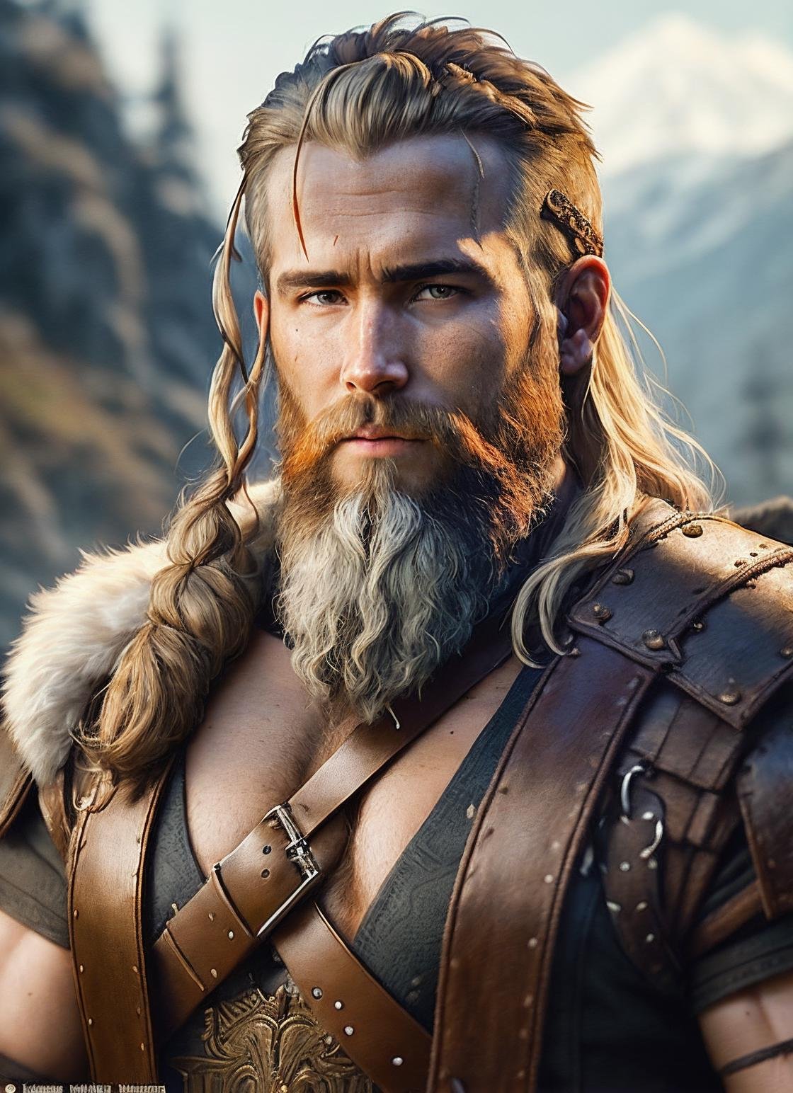 A stunning intricate full color portrait of (35 years old sks person:1) as (viking warrior), (barbarian),  epic character composition, by ilya kuvshinov, alessio albi, nina masic, sharp focus, natural lighting, subsurface scattering, f2, 35mm, film grain, <lora:locon_ryan_v1_from_v1_64_32:1.3>