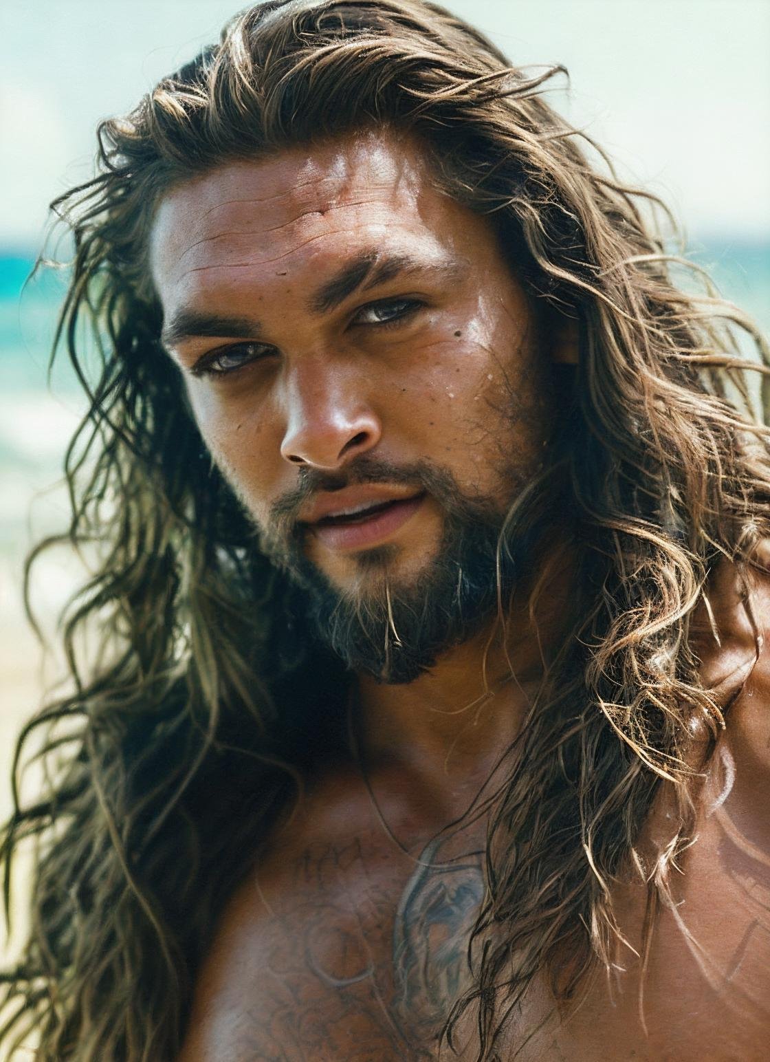 photo of beautiful sks person, hyper realistic photograph, detailed face,film grain, Kodak portra 800, f1.8, intricate, at the beach, <lora:locon_jasonmomoa_v1_from_v1_64_32:1.25>