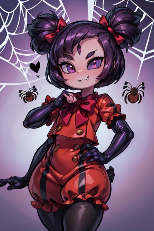 8k resolution,  high resolution,  masterpiece,  intricate details,  highly detailed,  HD quality,  best quality,  vibrant colors,  1girl, muffet, (muffetwear),  monster girl, ((purple body:1.3)), humanoid,  arachnid,  anthro, ((fangs)), pigtails, hair bows, 5 eyes, spider girl, 6 arms, solo, clothed, 6 hands, detailed hands, ((spider webs:1.4)), bloomers, red and black clothing,  armwear,  detailed eyes,  super detailed,  extremely beautiful graphics,  super detailed skin,  best quality,  highest quality,  high detail,  masterpiece,  detailed skin,  perfect anatomy,  perfect hands,  perfect fingers,  complex details,  reflective hair,  textured hair,  best quality,  super detailed,  complex details,  high resolution,  looking at the viewer,  rich colors,  , muffetwear, Shadbase , JCM2, DAGASI, Oerlord, illya, In the style of gravityfalls, tensura, Mrploxykun, BORN-TO-DIE, Captain kirb, <lora:EMS-498-EMS:0.600000>, , <lora:EMS-179-EMS:0.600000>, , <lora:EMS-2001-EMS:0.600000>, , <lora:EMS-47606-EMS:0.600000>, , <lora:EMS-47601-EMS:0.600000>