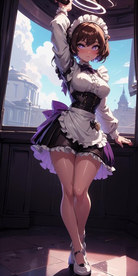 1girl,absurdres,apron,arm_up,cloud,diamond-shaped_pupils,diamond_(shape),foreshortening,frilled_apron,frills,hair_between_eyes,halo,highres,jacket,jersey_maid,light_brown_hair,long_sleeves,maid,maid_day,maid_headdress,multicolored_eyes,one_eye_closed,open_clothes,open_jacket,original,purple_eyes,ronica,shorts,solo,standing,symbol-shaped_pupils,unconventional_maid,white_apron,white_footwear,white_jacket <lora:captain_kirb Style:1>,