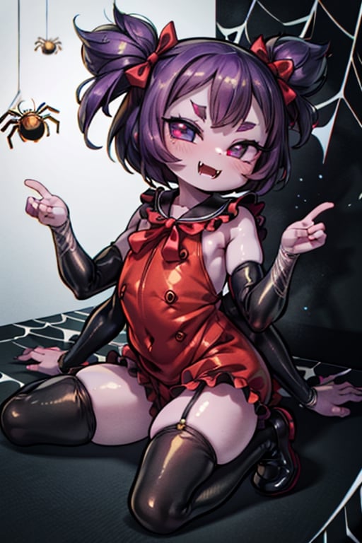 8k resolution, high resolution, masterpiece,  intricate details, highly detailed, HD quality, best quality, vibrant colors, 1girl,muffet,(muffetwear), monster girl,((purple body:1.3)),humanoid, arachnid, anthro,((fangs)),pigtails,hair bows,5 eyes,spider girl,6 arms,solo,clothed,6 hands,detailed hands,((spider webs:1.4)),bloomers,red and black clothing, armwear,  detailed eyes, super detailed, extremely beautiful graphics, super detailed skin, best quality, highest quality, high detail, masterpiece, detailed skin, perfect anatomy, perfect hands, perfect fingers, complex details, reflective hair, textured hair, best quality, super detailed, complex details, high resolution, looking at the viewer, rich colors, ,muffetwear,Shadbase ,JCM2,DAGASI,Oerlord,illya,In the style of gravityfalls,tensura,Mrploxykun,BORN-TO-DIE,Captain kirb