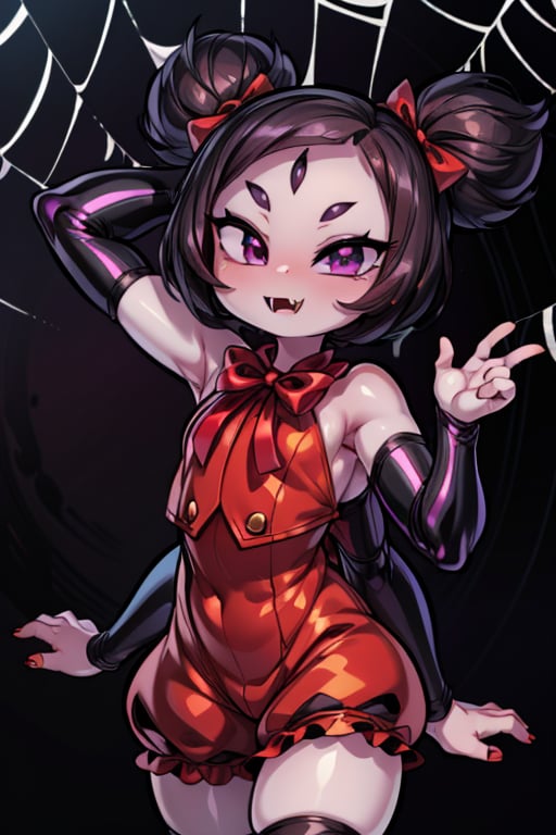 8k resolution, high resolution, masterpiece,  intricate details, highly detailed, HD quality, best quality, vibrant colors, 1girl,muffet,(muffetwear), monster girl,((purple body:1.3)),humanoid, arachnid, anthro,((fangs)),pigtails,hair bows,5 eyes,spider girl,6 arms,solo,clothed,6 hands,detailed hands,((spider webs:1.4)),bloomers,red and black clothing, armwear,  detailed eyes, super detailed, extremely beautiful graphics, super detailed skin, best quality, highest quality, high detail, masterpiece, detailed skin, perfect anatomy, perfect hands, perfect fingers, complex details, reflective hair, textured hair, best quality, super detailed, complex details, high resolution, looking at the viewer, rich colors, ,muffetwear,Shadbase ,JCM2,DAGASI,Oerlord,illya,In the style of gravityfalls,tensura,Mrploxykun,BORN-TO-DIE,Captain kirb