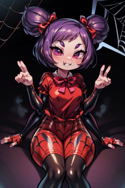 8k resolution, high resolution, masterpiece,  intricate details, highly detailed, HD quality, best quality, vibrant colors, 1girl,muffet,(muffetwear), monster girl,((purple body:1.3)),humanoid, arachnid, anthro,((fangs)),pigtails,hair bows,5 eyes,spider girl,6 arms,solo,clothed,6 hands,detailed hands,((spider webs:1.4)),bloomers,red and black clothing, armwear,  detailed eyes, super detailed, extremely beautiful graphics, super detailed skin, best quality, highest quality, high detail, masterpiece, detailed skin, perfect anatomy, perfect hands, perfect fingers, complex details, reflective hair, textured hair, best quality, super detailed, complex details, high resolution, looking at the viewer, rich colors, ,muffetwear,Shadbase ,JCM2,DAGASI,Oerlord,illya,In the style of gravityfalls,tensura,Mrploxykun,BORN-TO-DIE,Captain kirb