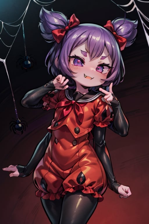 8k resolution, high resolution, masterpiece,  intricate details, highly detailed, HD quality, best quality, vibrant colors, 1girl,muffet,(muffetwear), monster girl,((purple body:1.3)),humanoid, arachnid, anthro,((fangs)),pigtails,hair bows,5 eyes,spider girl,6 arms,solo,clothed,6 hands,detailed hands,((spider webs:1.4)),bloomers,red and black clothing, armwear,  detailed eyes, super detailed, extremely beautiful graphics, super detailed skin, best quality, highest quality, high detail, masterpiece, detailed skin, perfect anatomy, perfect hands, perfect fingers, complex details, reflective hair, textured hair, best quality, super detailed, complex details, high resolution, looking at the viewer, rich colors, ,muffetwear,Shadbase ,JCM2,DAGASI,Oerlord,illya,In the style of gravityfalls,tensura,Mrploxykun,BORN-TO-DIE,Captain kirb