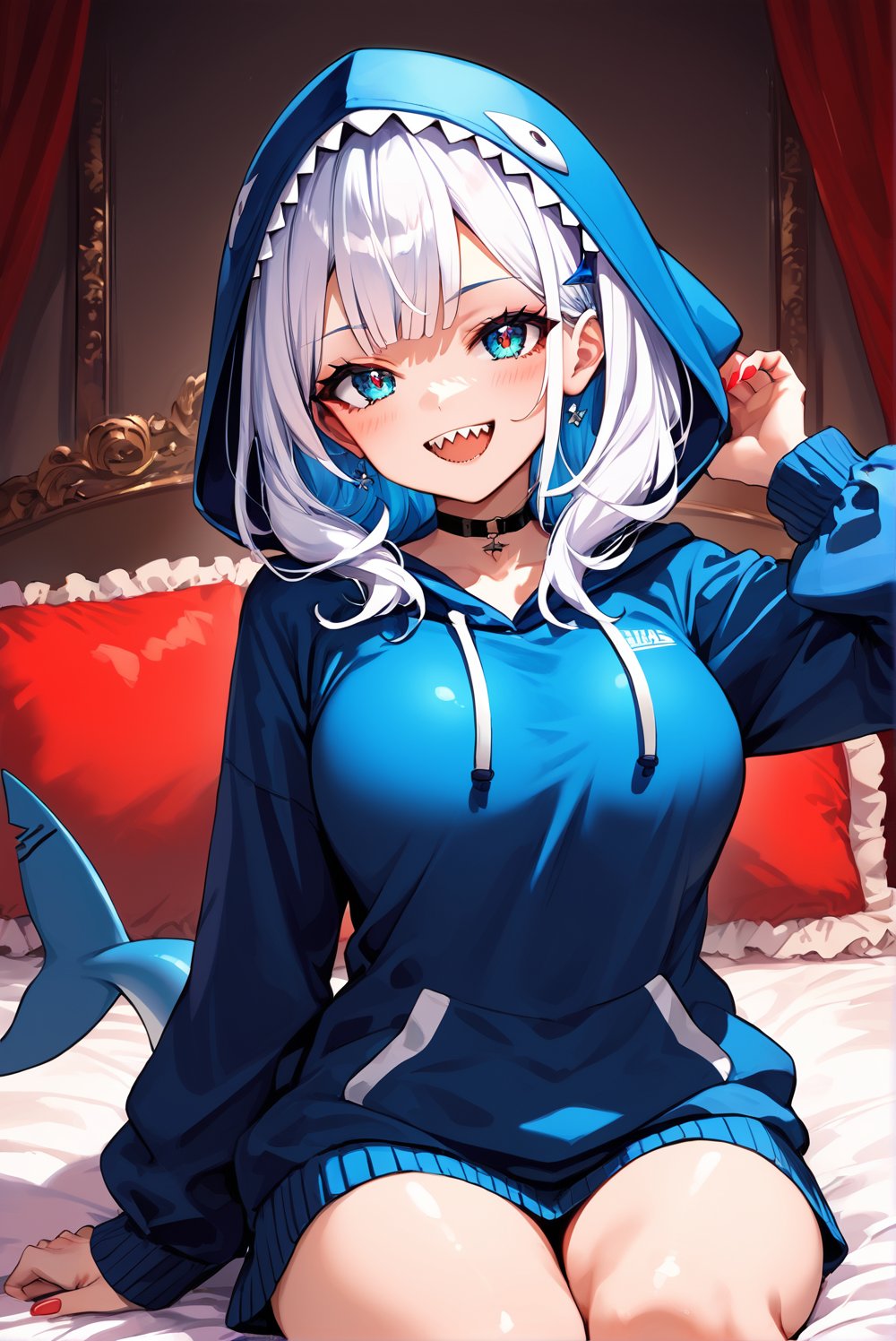 score_9_up, score_8_up, score_7_up, source_anime, 1girl, beautiful detailed eyes, ((masterpiece,best quality)), solo, ((gawr gura)), virtual youtuber, gawr gura 1st costume, sharp teeths, medium hair, white hair, hair ornament,  ((hood up)), blue hoodie, shark tail, smile, curvy, head tilt