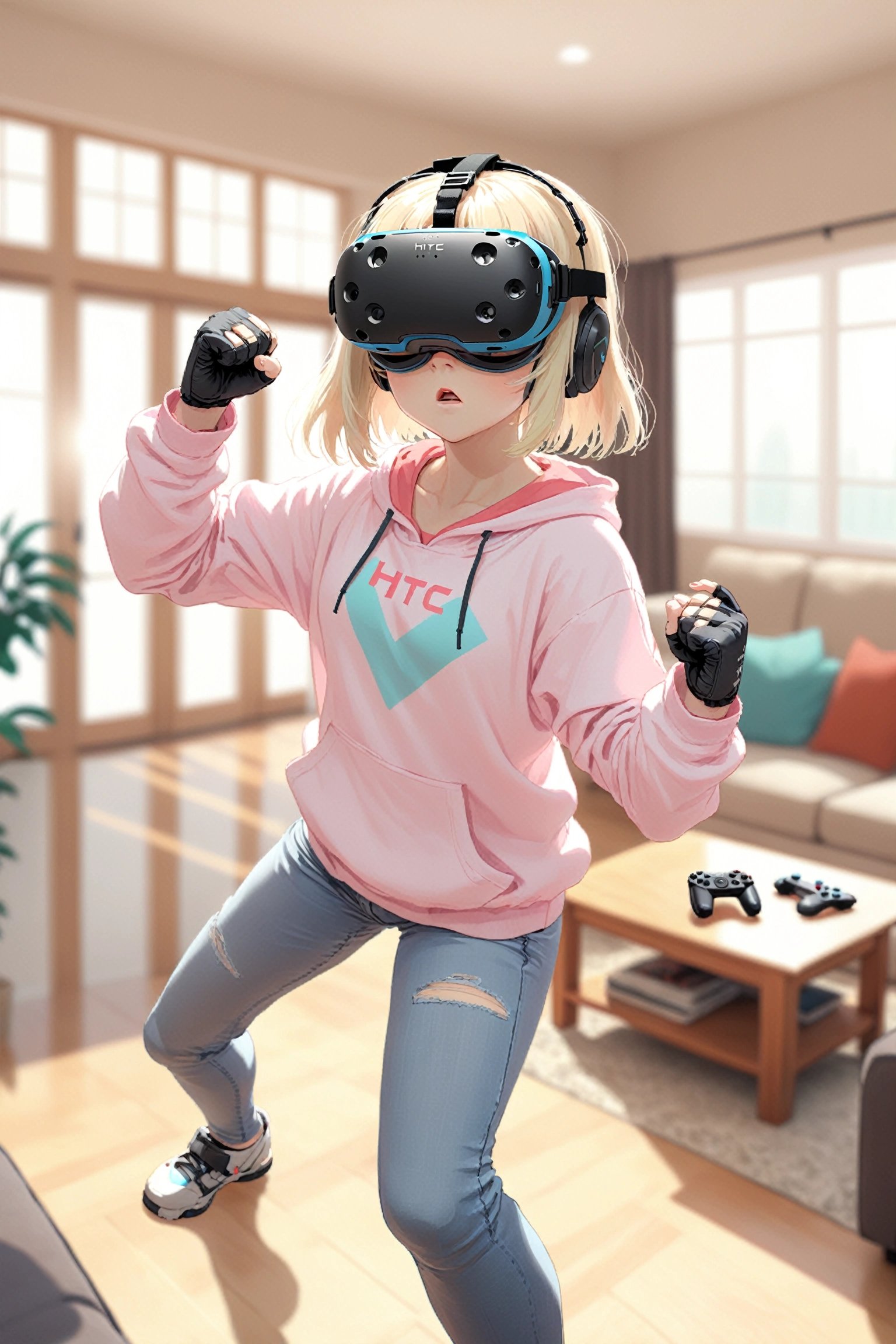 anime, pastel color, 1girl, solo, blonde hair, blunt bangs, vr goggle, HTC Vive, holding controllers, fighting stance, casual clothes, from front, living room, Bokeh