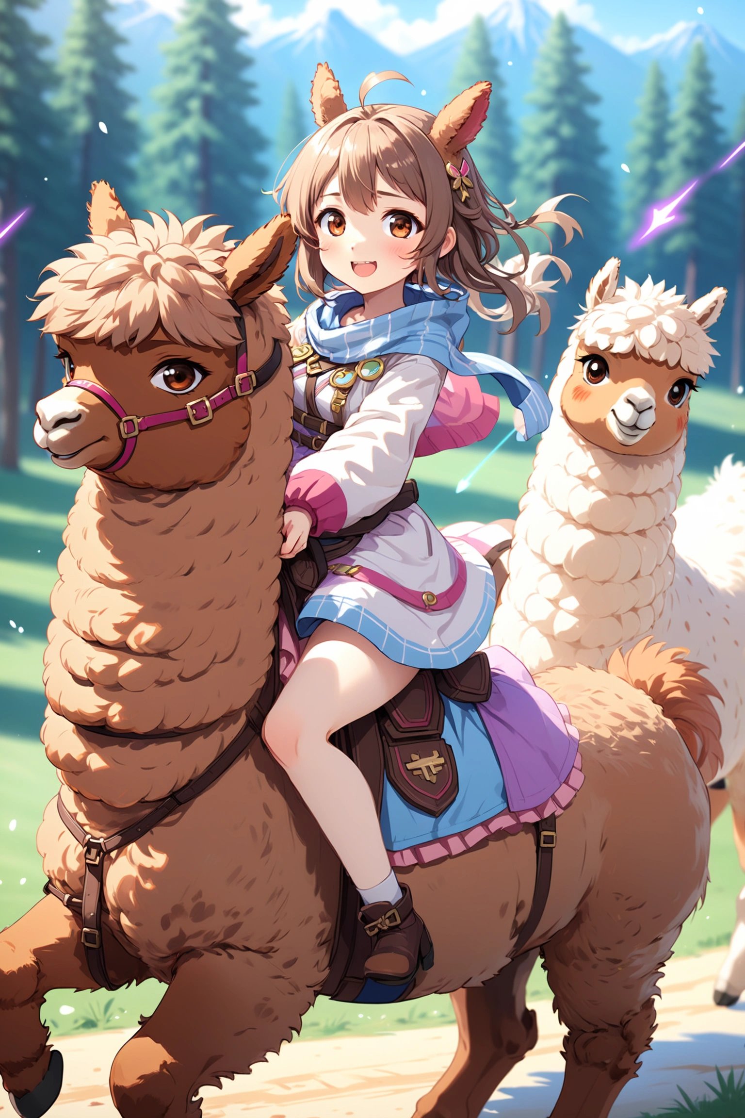 anime, cute girl riding alpaca, dynamic, dash, motion lines