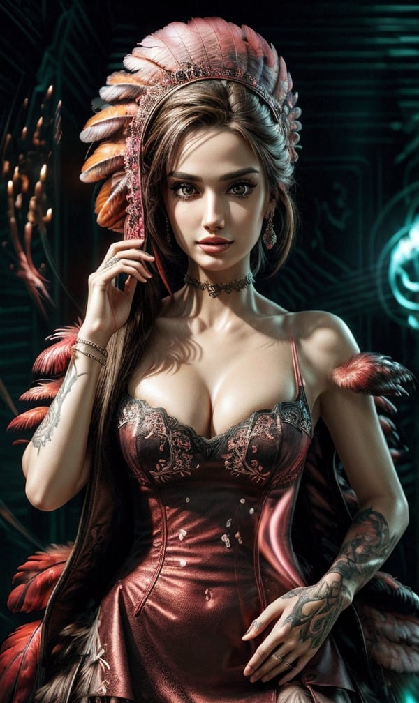 Masterpiece, beautiful cute woman mixed with realistic flamingos feathers, little cute flamingo sitting on her shoulder, ultra detail, flirty, perfect focus, neon tattooed, magical, gorgeous, bioluminescence, decolletage, jewelry, silk string, fantasy environment, fantasy, hyper detailed art style, ultra complex, head and shoulders portrait, 32k resolution, concept art, unreal engine 5.2, global illumination, detailed and intricate environment, epic, portrait, beautiful ultra detailed colored eyes, gorgeous, hyper detailed, female, sharp focus, symmetry, painted, intricate, volumetric lighting, beautiful, rich deep colors masterpiece, sharp focus, ultra detailed, centered, symmetry, painted, intricate, realistic reflections, volumetric lighting, beautiful, rich deep colors masterpiece, sharp focus, ultra detailed textures, over one billion details, hyper detailed raytracing technology, raytracing lights, raytracing reflections, highly detailed natural skin, flirty mimic, perfect teeth, extravagant cute creative very detailed dress, piercing, creative Abstract colored tattoo, ultra realistic creative make up, ultra detailed textures, perfect focused, more complimentary colors, ultra detailed ultra realistic flamingo, highly detailed feathers, Flamingo flying around, ultra detailed fantasy neon flamingo, flamingo feathers, by BoneAge, ultra high resolution, ultra detailed background, cinematic lighting
