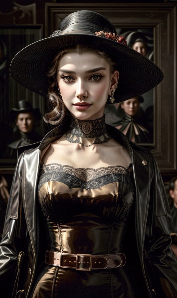 intricate portrait of a beautiful model woman fashion chic, vintage, high contrast, full face, little smile, art by Caravaggio, Erik C. Dunne, greg rutkowski, sung choi, artgerm, edouard bisson. cinematic atmosphere, mucha, volumetric light, 8k
