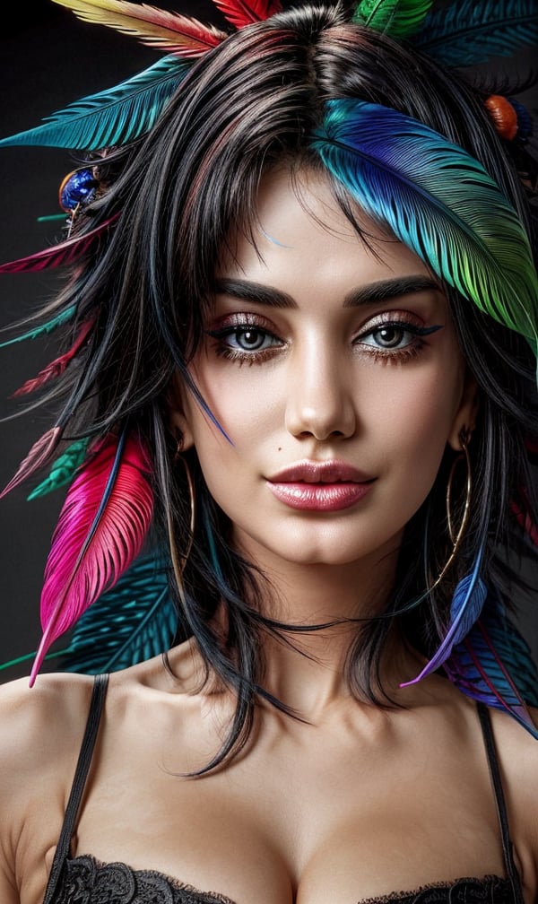 Beautiful woman with colorful feathers, dark black hair, ultra high detailed, 4k