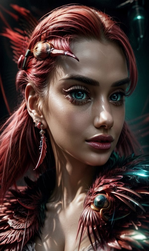 Masterpiece, beautiful cute woman mixed with realistic flamingos feathers, little cute flamingo sitting on her shoulder, ultra detail, flirty, perfect focus, neon tattooed, magical, gorgeous, bioluminescence, decolletage, jewelry, silk string, fantasy environment, fantasy, hyper detailed art style, ultra complex, head and shoulders portrait, 32k resolution, concept art, unreal engine 5.2, global illumination, detailed and intricate environment, epic, portrait, beautiful ultra detailed colored eyes, gorgeous, hyper detailed, female, sharp focus, symmetry, painted, intricate, volumetric lighting, beautiful, rich deep colors masterpiece, sharp focus, ultra detailed, centered, symmetry, painted, intricate, realistic reflections, volumetric lighting, beautiful, rich deep colors masterpiece, sharp focus, ultra detailed textures, over one billion details, hyper detailed raytracing technology, raytracing lights, raytracing reflections, highly detailed natural skin, flirty mimic, perfect teeth, extravagant cute creative very detailed dress, piercing, creative Abstract colored tattoo, ultra realistic creative make up, ultra detailed textures, perfect focused, more complimentary colors, ultra detailed ultra realistic flamingo, highly detailed feathers, Flamingo flying around, ultra detailed fantasy neon flamingo, flamingo feathers, by BoneAge, ultra high resolution, ultra detailed background, cinematic lighting
