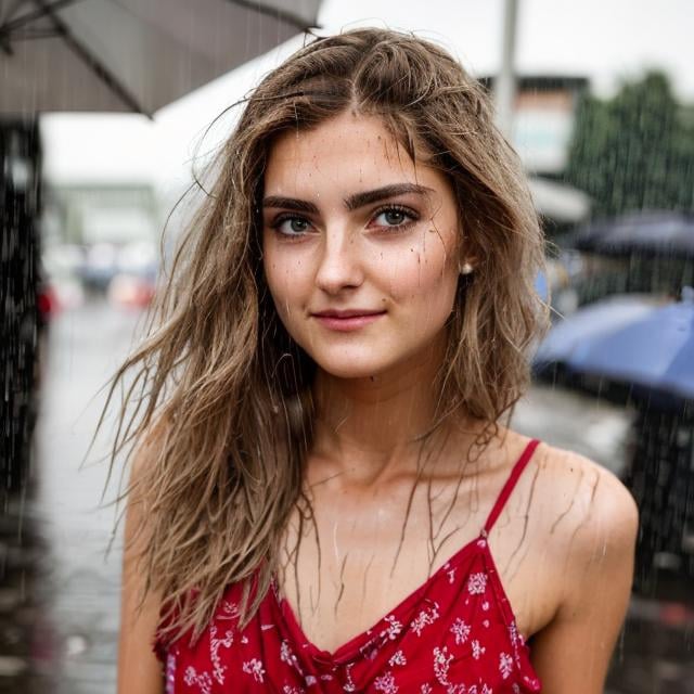 <lora:eva_elfie:0.8>, a photo chest portrait 18yo slim female dripping sundress on street raining, wet hair, detailed face look at camera, smirk, (smile:0.5), raw, intricate, high quality, 8K, (natural skin texture, hyperrealism, soft light, sharp:1.2)