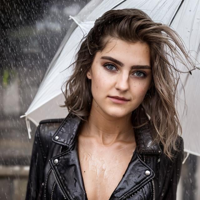 <lora:eva_elfie:0.8>, a photo chest portrait 18yo slim female leather jacket on street raining, wet hair, detailed face look at camera, smirk, (smile:0.5), raw, intricate, high quality, 8K, (natural skin texture, hyperrealism, soft light, sharp:1.2)