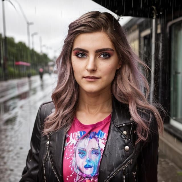 <lora:eva_elfie:0.8>, a photo chest portrait female leather jacket on street raining, raibow color hair, detailed face look at camera, smirk, (smile:0.5), raw, intricate, high quality, 8K, (natural skin texture, hyperrealism, soft light, sharp:1.2)