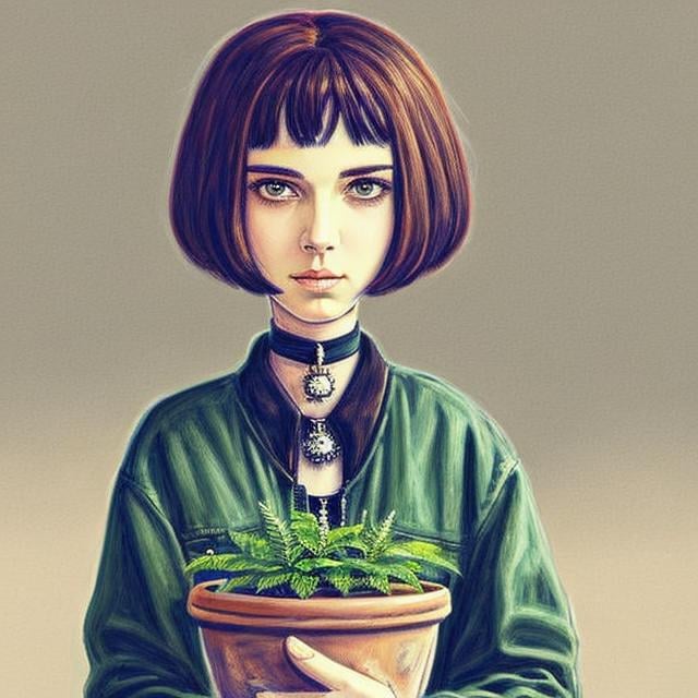 <lora:matilda_lora:1>, a drawing art style cartoon anime, slim sad gloomy female at street with pot of plant in hands, detailed face look at camera, raw, intricate, high quality, 8K,