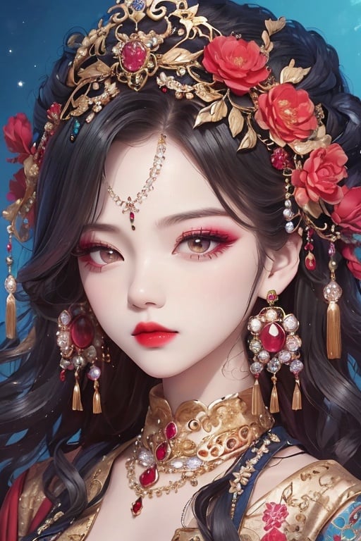 1girl, jewelry, earrings, flower, gem, hair ornament, long hair, hair flower, pink flower, black hair, makeup, portrait, red lips, chinese clothes, blue background, tassel, crown, eyelashes, pearl \(gemstone\), closed mouth, expressionless, black eyes, eyeshadow, lips, upper body, lingzhu,<lora:lingzhu-000010:0.8>,