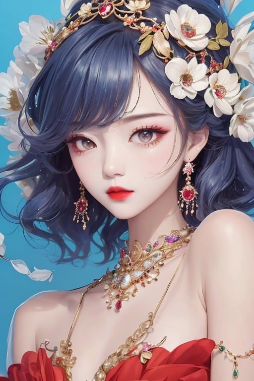 1girl,hair ornament,gem,jewelry,flower,blue background,red lips,closed mouth,eyelashes,bangs,lingzhu,<lora:lingzhu-000010:0.8>,