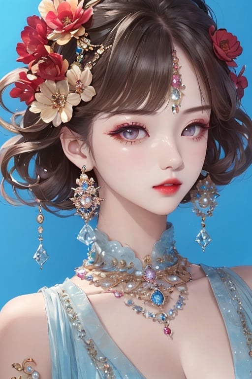 1girl,hair ornament,gem,jewelry,flower,blue background,red lips,closed mouth,eyelashes,bangs,lingzhu,<lora:lingzhu-000010:0.8>,big chest,