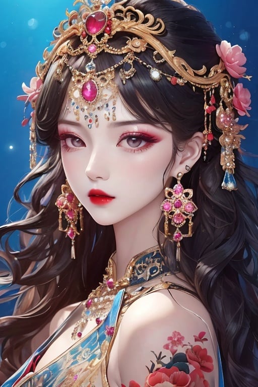 1girl, jewelry, earrings, flower, gem, hair ornament, long hair, hair flower, pink flower, black hair, makeup, portrait, red lips, chinese clothes, blue background, tassel, crown, eyelashes, pearl \(gemstone\), closed mouth, expressionless, black eyes, eyeshadow, lips, upper body, lingzhu,<lora:lingzhu-000010:0.8>,