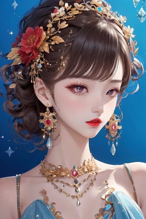 1girl,hair ornament,gem,jewelry,flower,blue background,red lips,closed mouth,eyelashes,bangs,lingzhu,<lora:lingzhu-000010:0.8>,big chest,